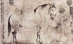 Li Gonglin - scroll painting of five horses (detail, first horse)