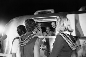 Apollo11 crew in thier quarantine van being greeted by their wives