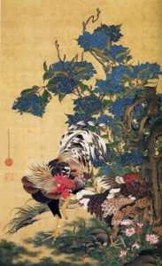 Jakucho Ito - Rooster and Hen with Hydrangeas