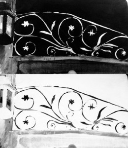 Pippa Arend - drawing of a hotel balcony photo bw and negative