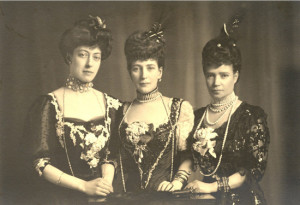 Daughters of King Christian IX - Dowager Empress Maria Feodorovna (right), with her elder sister, Queen Alexandra (center) and her niece, Princess Victoria (left)